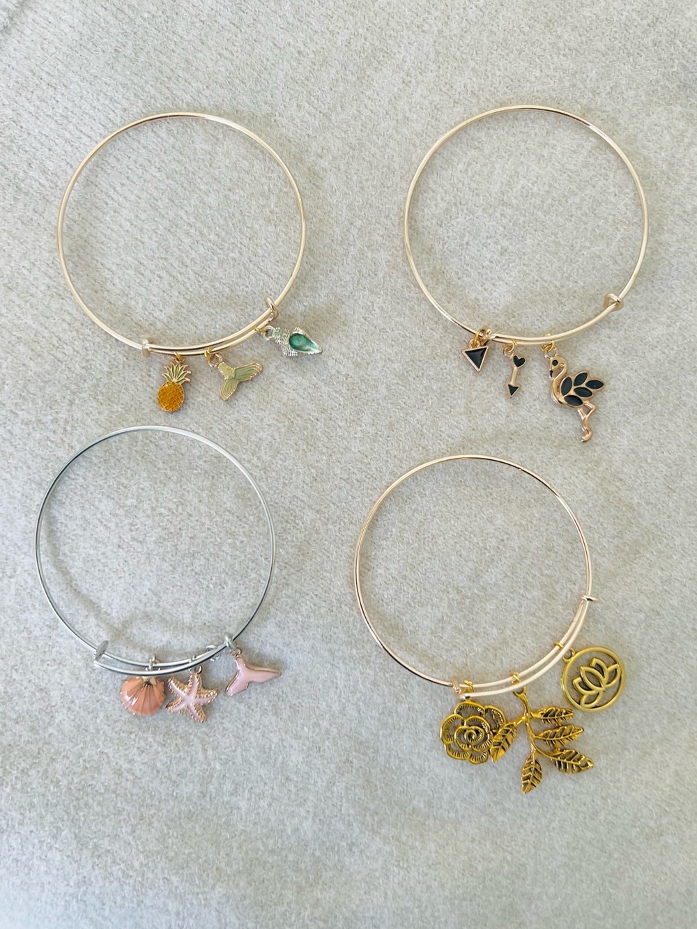 Gold and Silver Charm Bangle Bracelets - Set of 4